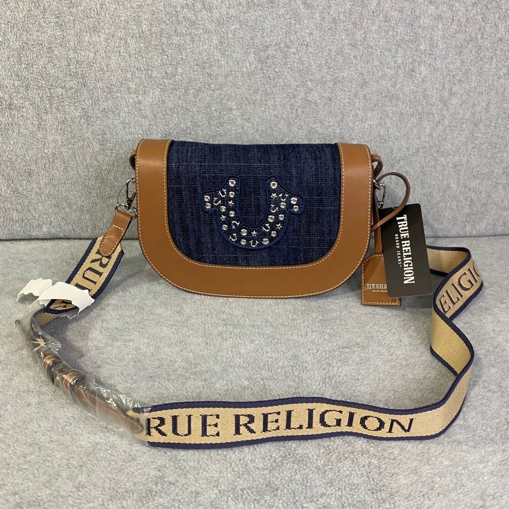 True Religion‎ Crossbody Women's Small Blue Brown Denim Studded Saddle Bag NWT